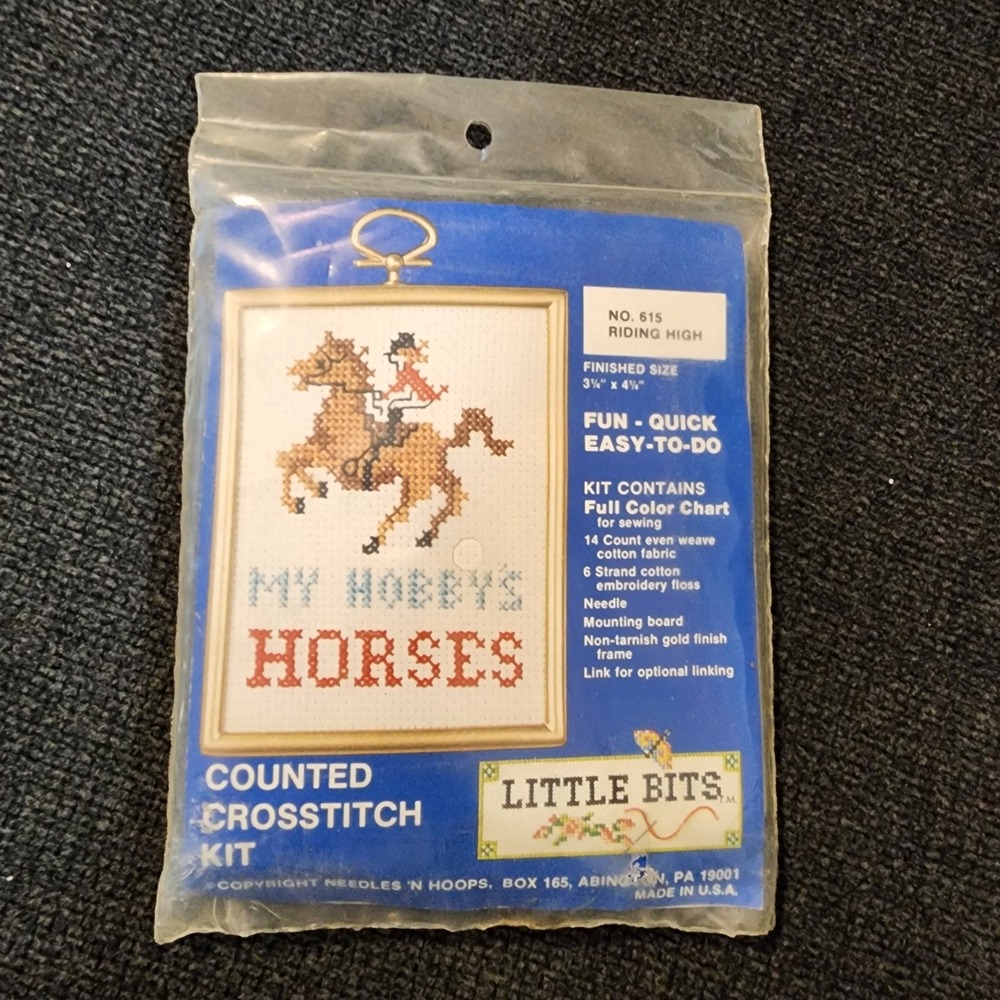 Needles N Hoops Little Bits Counted Cross Stitch Kit Riding High Horses #615 VTG